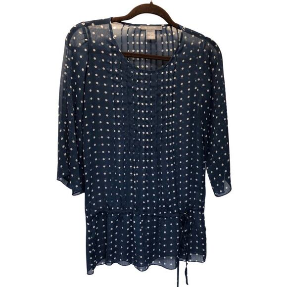 NY Collection, Navy Sheer Top, White Polkadots, Waist Tie, S - Picture 2 of 8